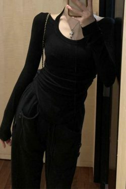 Y2K Aesthetic Solid Halter Backless Curvy Hem Long Sleeve Knit Top for Women