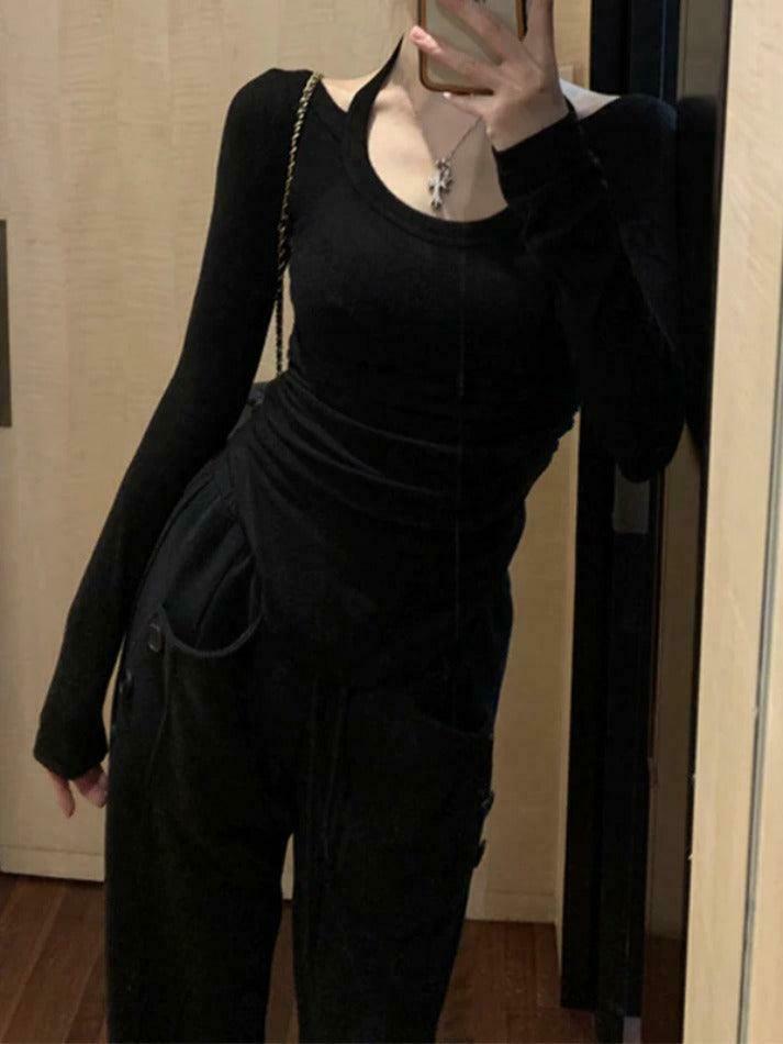 Y2K Aesthetic Solid Halter Backless Curvy Hem Long Sleeve Knit Top for Women Y2K Aesthetic Solid Halter Backless Curvy Hem Long Sleeve Knit Top for Women