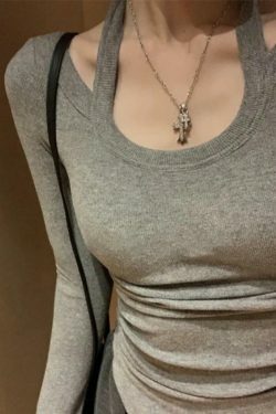 Y2K Aesthetic Solid Halter Backless Curvy Hem Long Sleeve Knit Top for Women