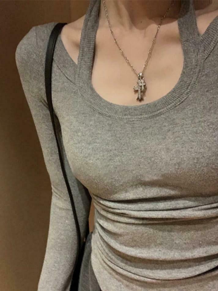 Y2K Aesthetic Solid Halter Backless Curvy Hem Long Sleeve Knit Top for Women Y2K Aesthetic Solid Halter Backless Curvy Hem Long Sleeve Knit Top for Women