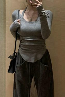 Y2K Aesthetic Solid Halter Backless Curvy Hem Long Sleeve Knit Top for Women