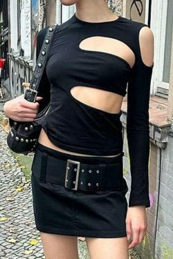 Y2K Aesthetic Solid Hollow Out Crew Neck Long Sleeve Tee