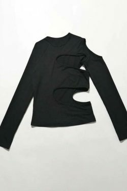 Y2K Aesthetic Solid Hollow Out Crew Neck Long Sleeve Tee