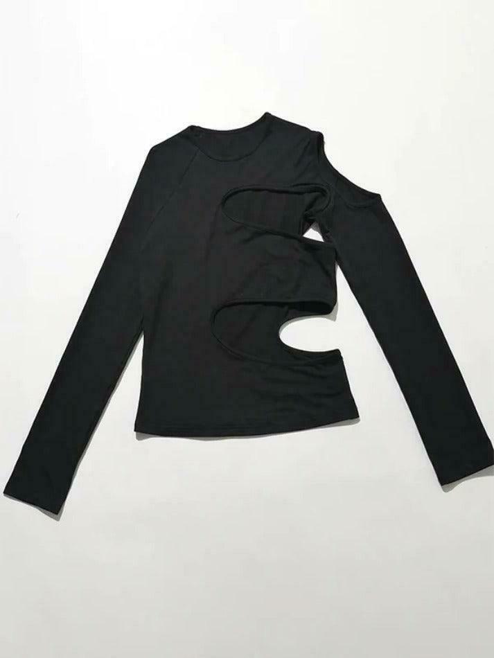 Y2K Aesthetic Solid Hollow Out Crew Neck Long Sleeve Tee Y2K Aesthetic Solid Hollow Out Crew Neck Long Sleeve Tee