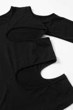 Y2K Aesthetic Solid Hollow Out Crew Neck Long Sleeve Tee