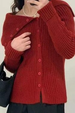 Y2K Aesthetic Solid Irregular Lapel Neck Off Shoulder Long Sleeve Knit