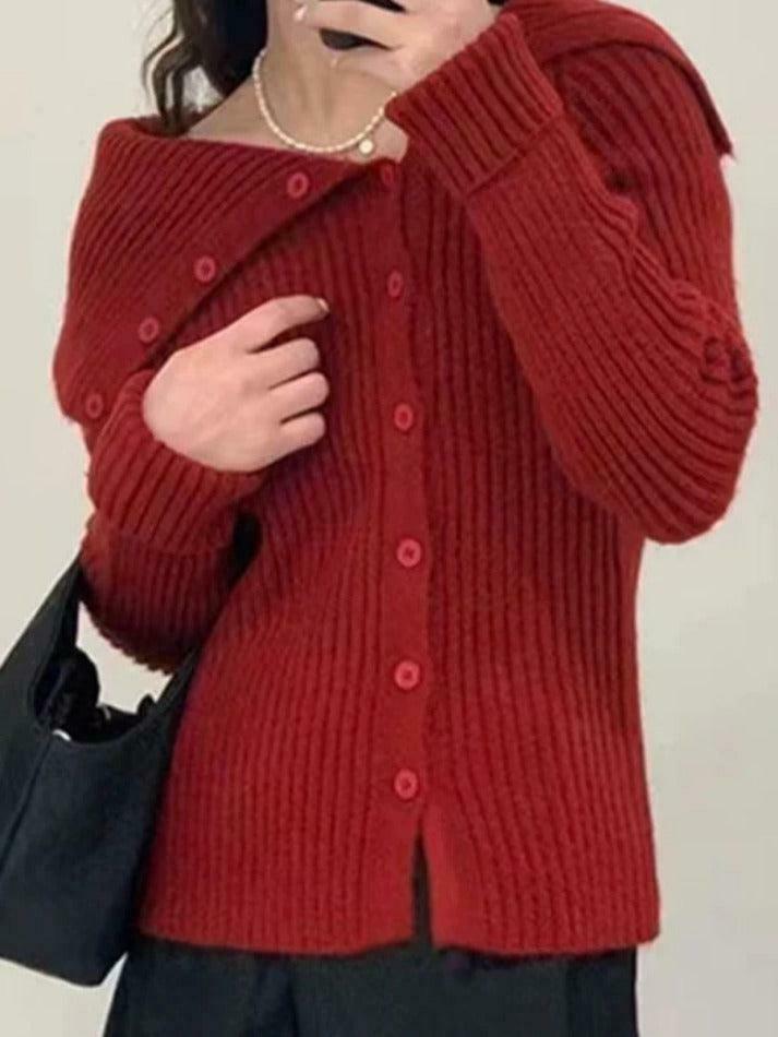 Y2K Aesthetic Solid Irregular Lapel Neck Off Shoulder Long Sleeve Knit Y2K Aesthetic Solid Irregular Lapel Neck Off Shoulder Long Sleeve Knit