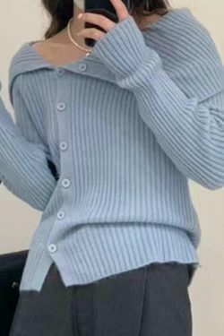 Y2K Aesthetic Solid Irregular Lapel Neck Off Shoulder Long Sleeve Knit