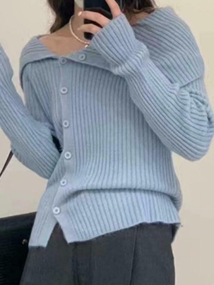 Y2K Aesthetic Solid Irregular Lapel Neck Off Shoulder Long Sleeve Knit Y2K Aesthetic Solid Irregular Lapel Neck Off Shoulder Long Sleeve Knit