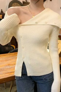 Y2K Aesthetic Solid Irregular Lapel Neck Off Shoulder Long Sleeve Knit