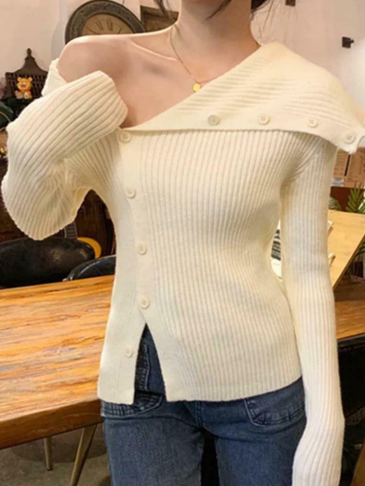 Y2K Aesthetic Solid Irregular Lapel Neck Off Shoulder Long Sleeve Knit Y2K Aesthetic Solid Irregular Lapel Neck Off Shoulder Long Sleeve Knit