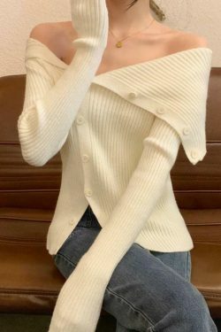 Y2K Aesthetic Solid Irregular Lapel Neck Off Shoulder Long Sleeve Knit