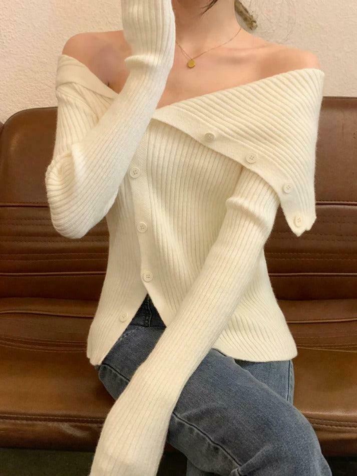 Y2K Aesthetic Solid Irregular Lapel Neck Off Shoulder Long Sleeve Knit Y2K Aesthetic Solid Irregular Lapel Neck Off Shoulder Long Sleeve Knit