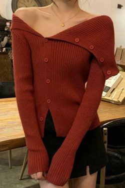 Y2K Aesthetic Solid Irregular Lapel Neck Off Shoulder Long Sleeve Knit