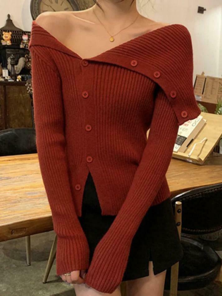 Y2K Aesthetic Solid Irregular Lapel Neck Off Shoulder Long Sleeve Knit Y2K Aesthetic Solid Irregular Lapel Neck Off Shoulder Long Sleeve Knit