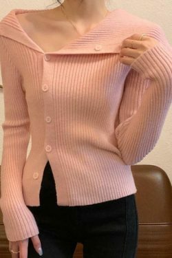 Y2K Aesthetic Solid Irregular Lapel Neck Off Shoulder Long Sleeve Knit