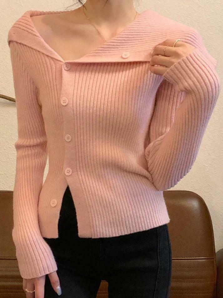 Y2K Aesthetic Solid Irregular Lapel Neck Off Shoulder Long Sleeve Knit Y2K Aesthetic Solid Irregular Lapel Neck Off Shoulder Long Sleeve Knit