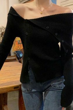 Y2K Aesthetic Solid Irregular Lapel Neck Off Shoulder Long Sleeve Knit