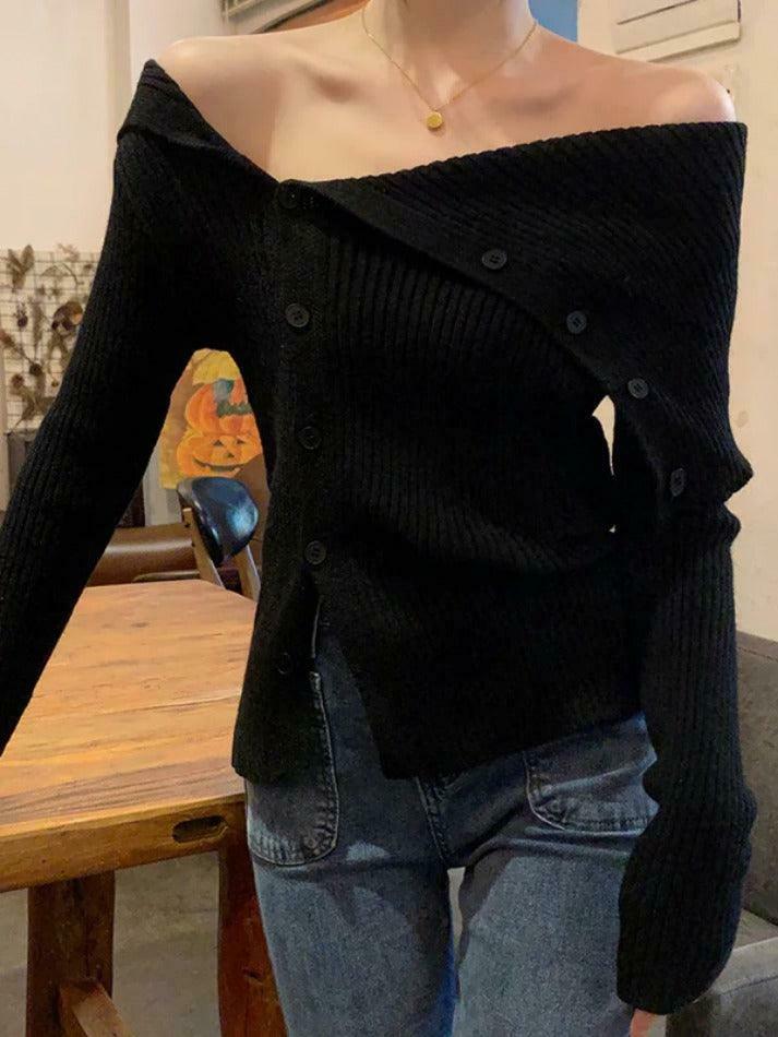 Y2K Aesthetic Solid Irregular Lapel Neck Off Shoulder Long Sleeve Knit Y2K Aesthetic Solid Irregular Lapel Neck Off Shoulder Long Sleeve Knit
