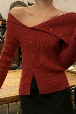 Y2K Aesthetic Solid Irregular Lapel Neck Off Shoulder Long Sleeve Knit