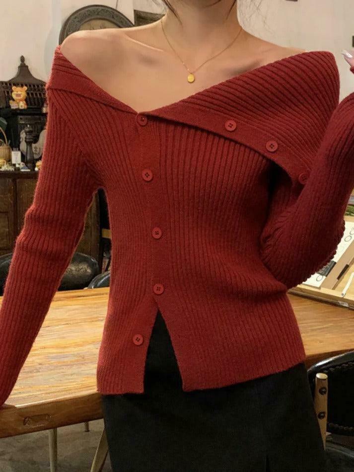 Y2K Aesthetic Solid Irregular Lapel Neck Off Shoulder Long Sleeve Knit Y2K Aesthetic Solid Irregular Lapel Neck Off Shoulder Long Sleeve Knit