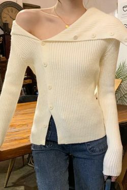 Y2K Aesthetic Solid Irregular Lapel Neck Off Shoulder Long Sleeve Knit