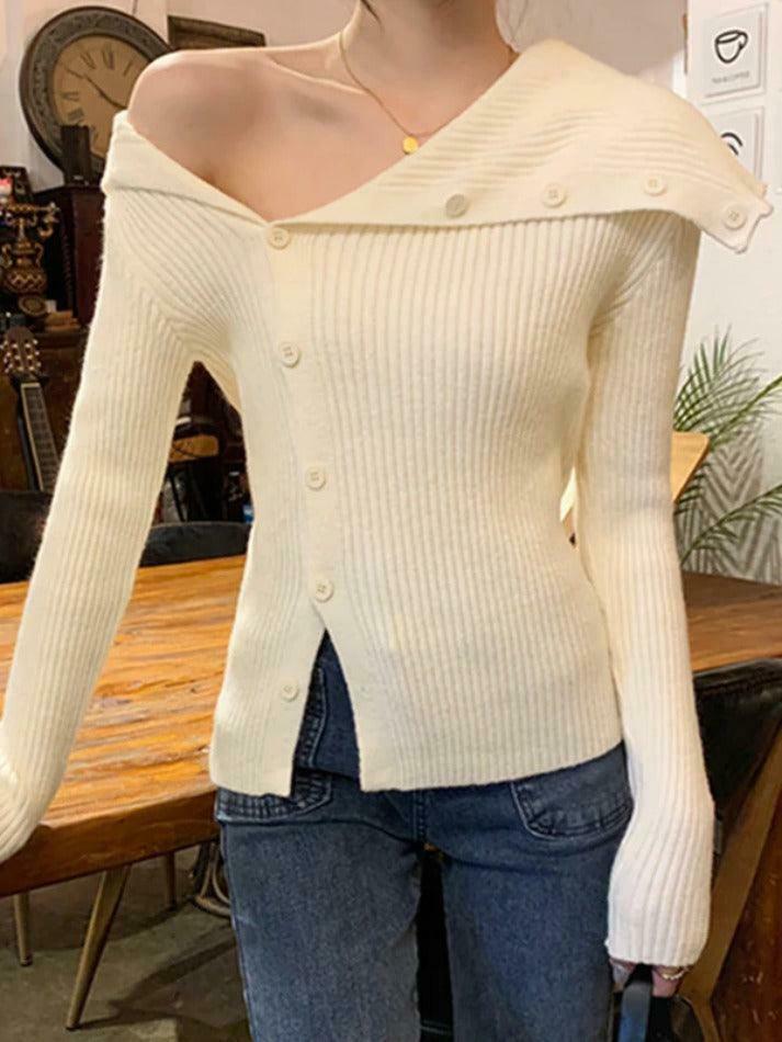 Y2K Aesthetic Solid Irregular Lapel Neck Off Shoulder Long Sleeve Knit Y2K Aesthetic Solid Irregular Lapel Neck Off Shoulder Long Sleeve Knit