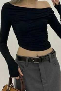 Y2K Aesthetic Solid Off Shoulder Asymmetric Long Sleeve Tee