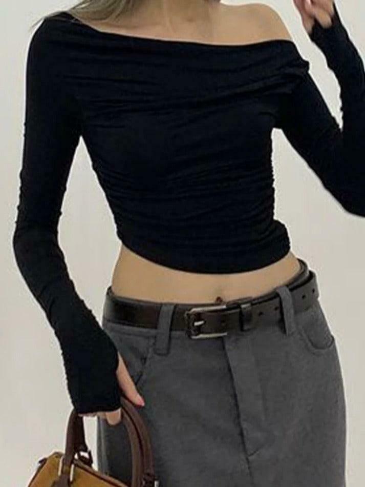 Y2K Aesthetic Solid Off Shoulder Asymmetric Long Sleeve Tee Y2K Aesthetic Solid Off Shoulder Asymmetric Long Sleeve Tee