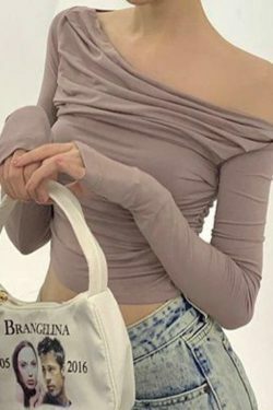 Y2K Aesthetic Solid Off Shoulder Asymmetric Long Sleeve Tee