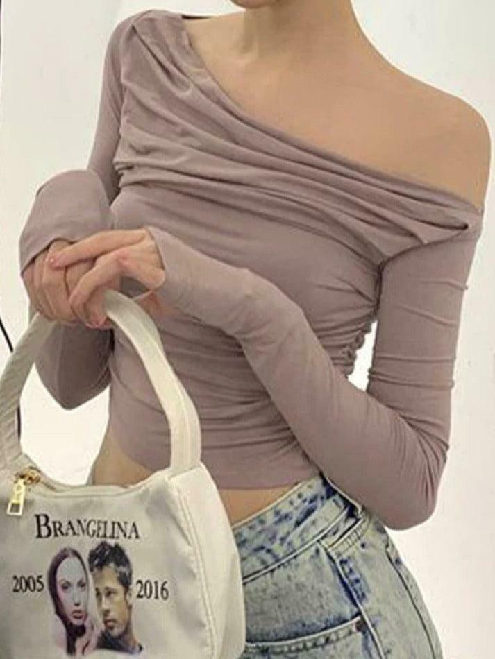 Y2K Aesthetic Solid Off Shoulder Asymmetric Long Sleeve Tee Y2K Aesthetic Solid Off Shoulder Asymmetric Long Sleeve Tee