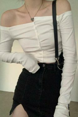 Y2K Aesthetic Solid Off Shoulder Cropped Long Sleeve Tee