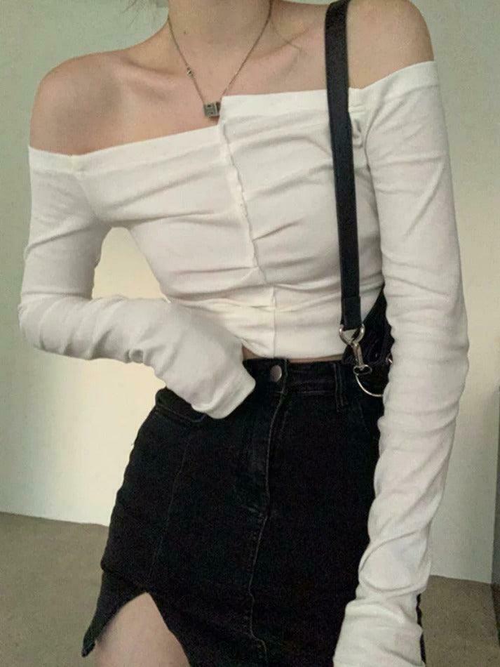 Y2K Aesthetic Solid Off Shoulder Cropped Long Sleeve Tee Y2K Aesthetic Solid Off Shoulder Cropped Long Sleeve Tee