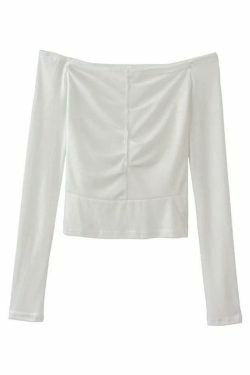 Y2K Aesthetic Solid Off Shoulder Cropped Long Sleeve Tee