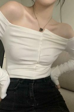 Y2K Aesthetic Solid Off Shoulder Cropped Long Sleeve Tee