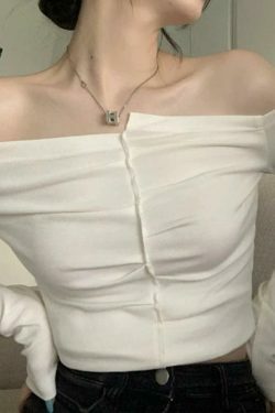 Y2K Aesthetic Solid Off Shoulder Cropped Long Sleeve Tee