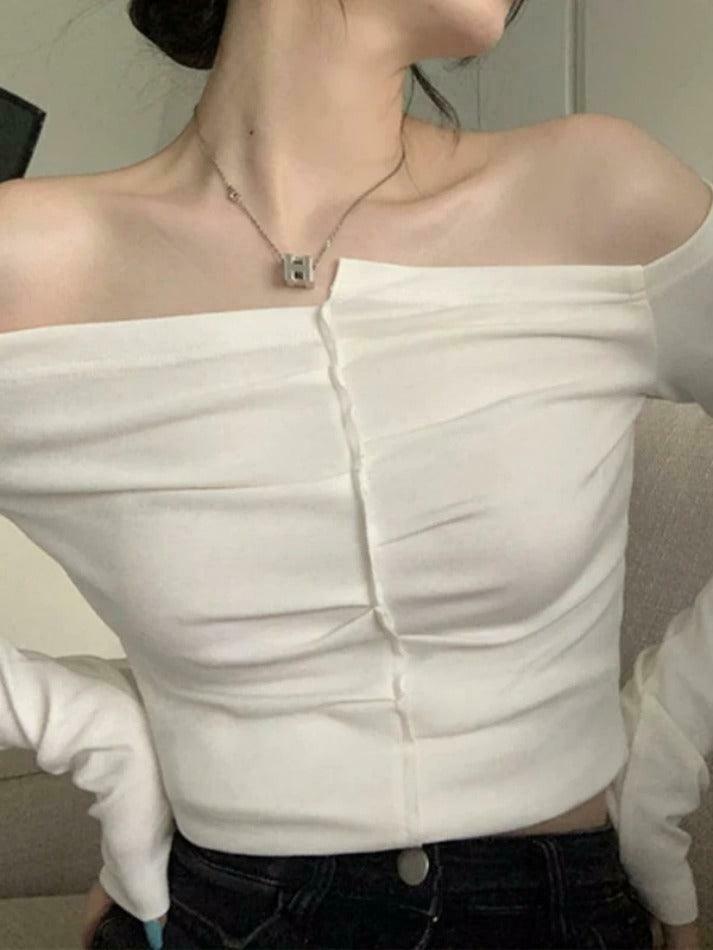 Y2K Aesthetic Solid Off Shoulder Cropped Long Sleeve Tee Y2K Aesthetic Solid Off Shoulder Cropped Long Sleeve Tee