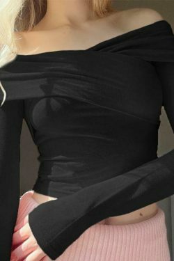 Y2K Aesthetic Solid Off Shoulder Crossover Long Sleeve Tee