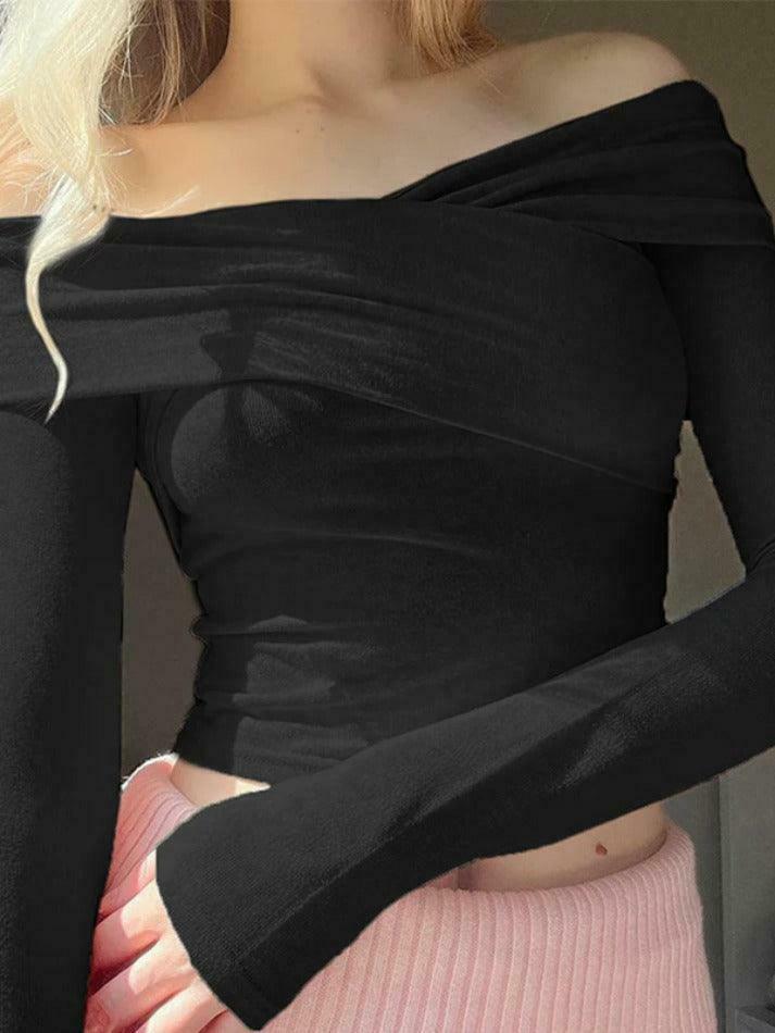 Y2K Aesthetic Solid Off Shoulder Crossover Long Sleeve Tee Y2K Aesthetic Solid Off Shoulder Crossover Long Sleeve Tee