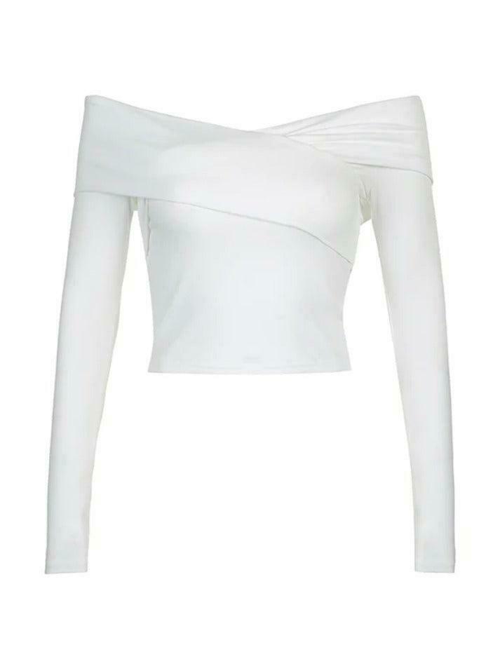 Y2K Aesthetic Solid Off Shoulder Crossover Long Sleeve Tee Y2K Aesthetic Solid Off Shoulder Crossover Long Sleeve Tee