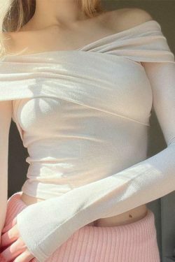 Y2K Aesthetic Solid Off Shoulder Crossover Long Sleeve Tee