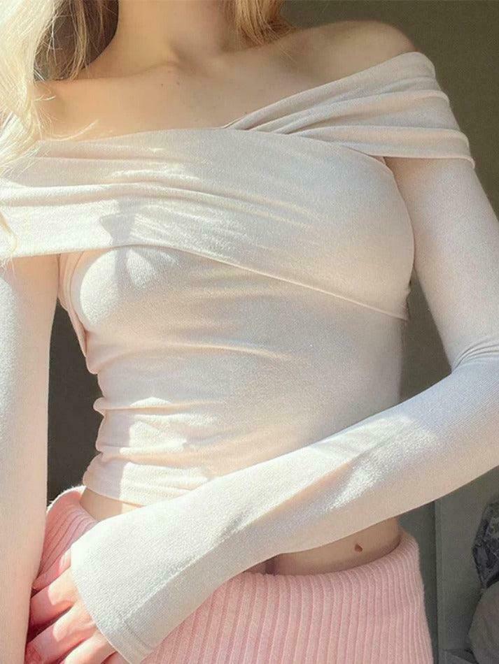 Y2K Aesthetic Solid Off Shoulder Crossover Long Sleeve Tee Y2K Aesthetic Solid Off Shoulder Crossover Long Sleeve Tee