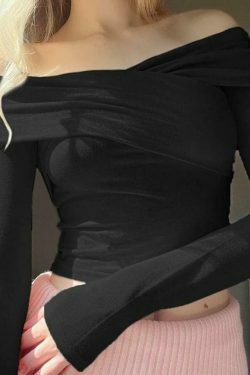 Y2K Aesthetic Solid Off Shoulder Crossover Long Sleeve Tee