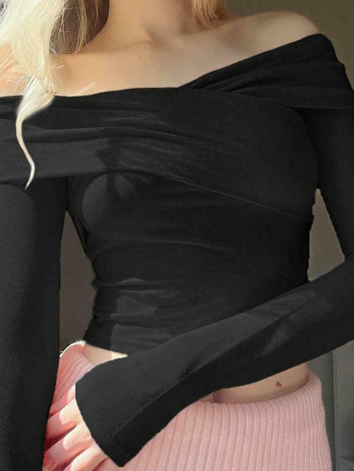 Y2K Aesthetic Solid Off Shoulder Crossover Long Sleeve Tee Y2K Aesthetic Solid Off Shoulder Crossover Long Sleeve Tee