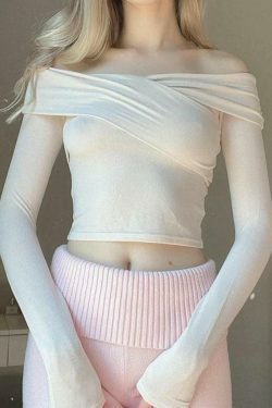 Y2K Aesthetic Solid Off Shoulder Crossover Long Sleeve Tee