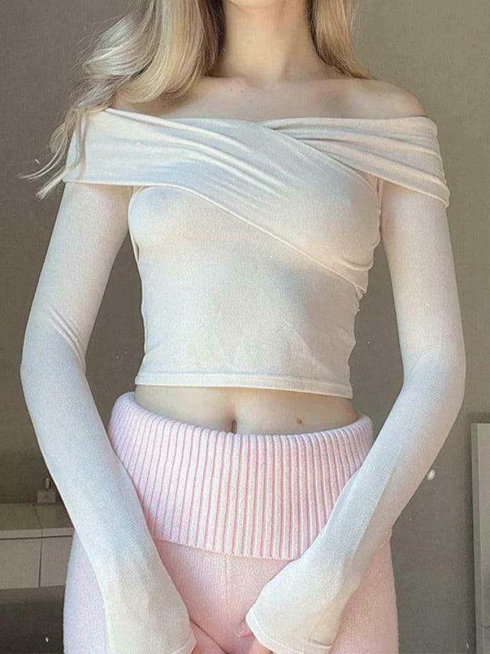 Y2K Aesthetic Solid Off Shoulder Crossover Long Sleeve Tee Y2K Aesthetic Solid Off Shoulder Crossover Long Sleeve Tee