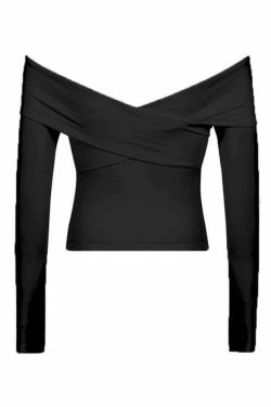 Y2K Aesthetic Solid Off Shoulder Crossover Long Sleeve Tee