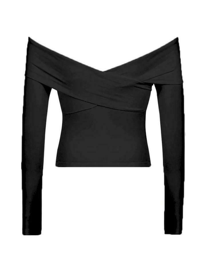 Y2K Aesthetic Solid Off Shoulder Crossover Long Sleeve Tee Y2K Aesthetic Solid Off Shoulder Crossover Long Sleeve Tee