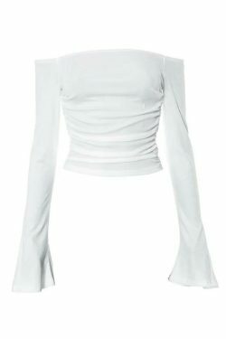 Y2K Aesthetic Solid Off Shoulder Shirred Trumpet Sleeve Long Sleeve Tee