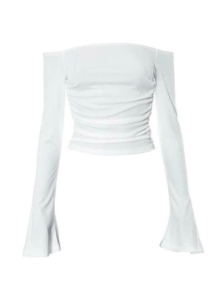 Y2K Aesthetic Solid Off Shoulder Shirred Trumpet Sleeve Long Sleeve Tee Y2K Aesthetic Solid Off Shoulder Shirred Trumpet Sleeve Long Sleeve Tee